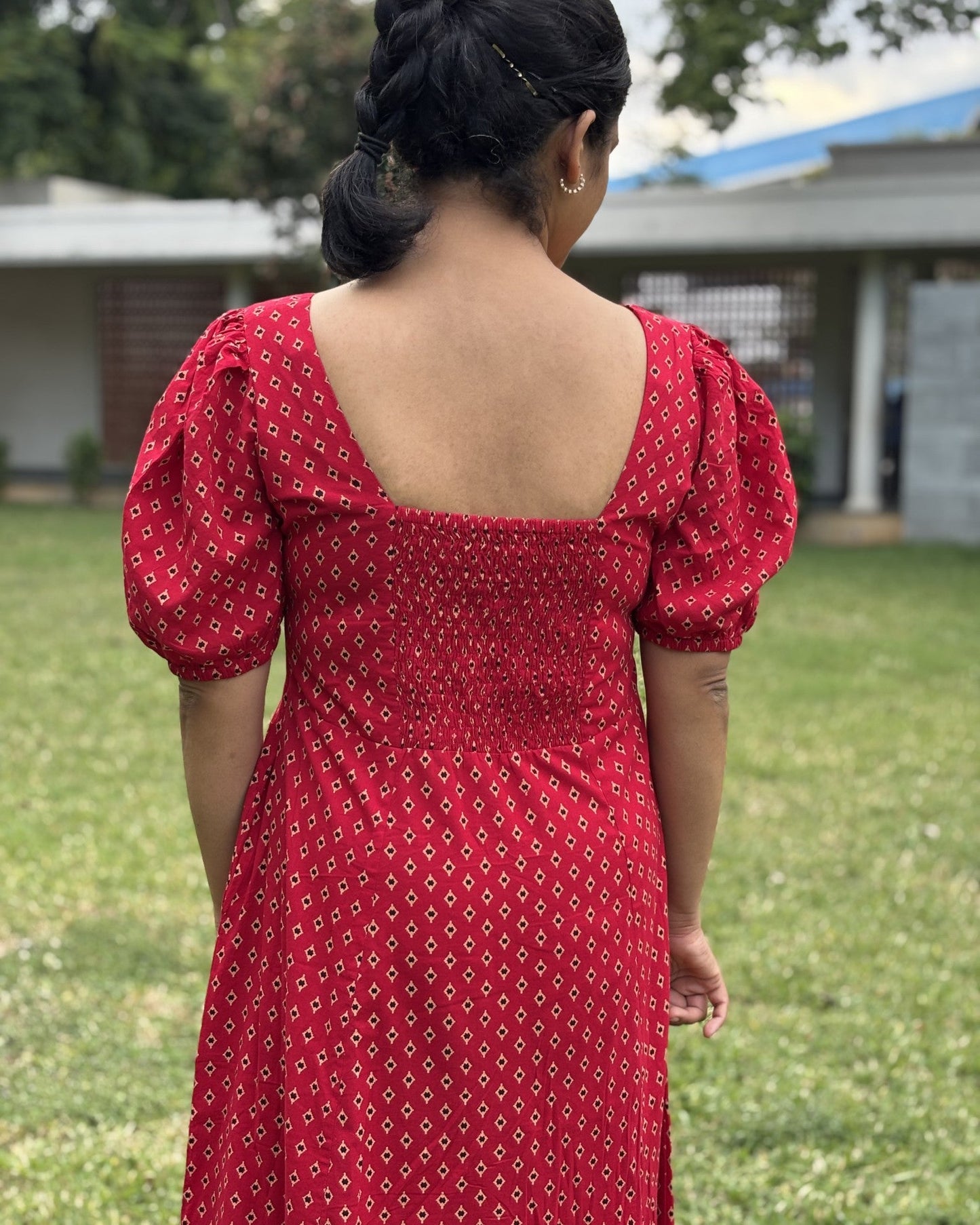 Mina Cotton Red Geo Square Neck Shirred Midi Dress Newnaa