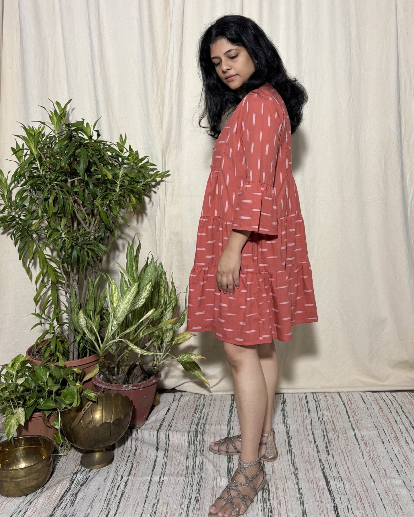 Tripti Cotton Rust Ikat Midi Dress Newnaa