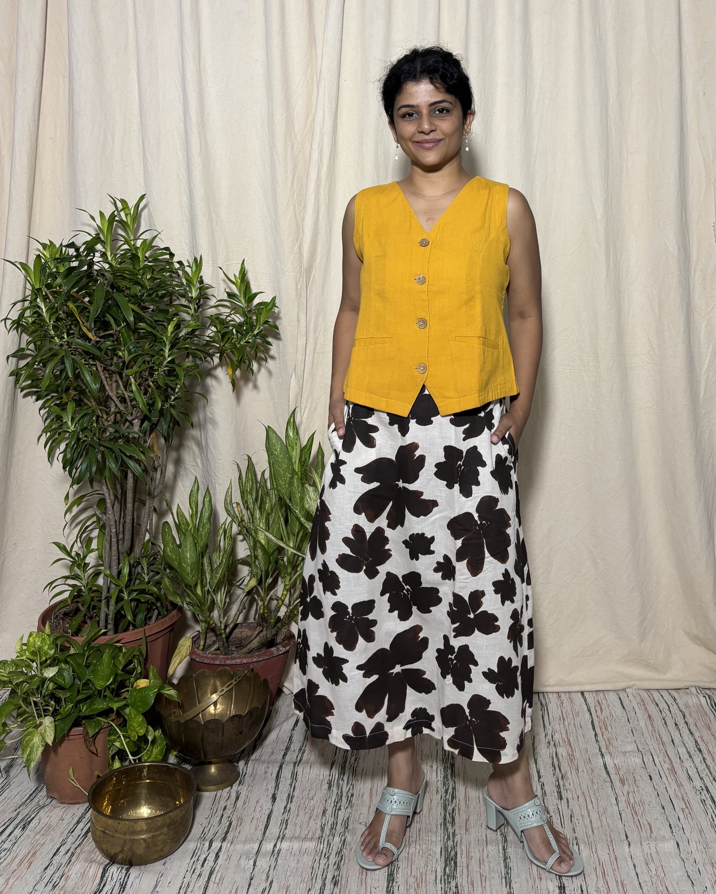 Neerja Linen Blend Watercolor Midi Skirt with Elasticated Waist Newnaa
