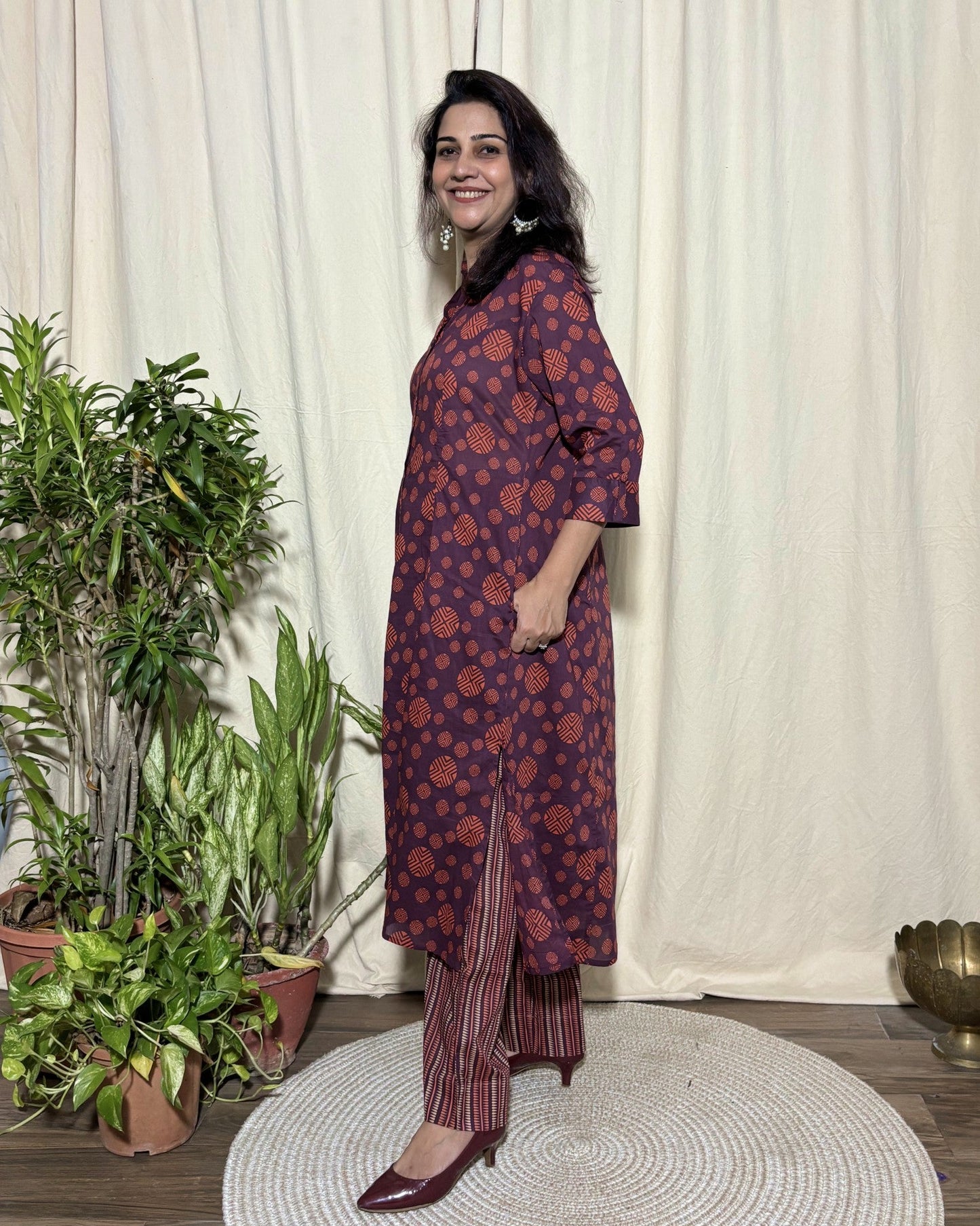 Aksha Maroon Rudraksham Print Kurta with Striped Pants 100% Fine Cotton Co-ord Set Newnaa