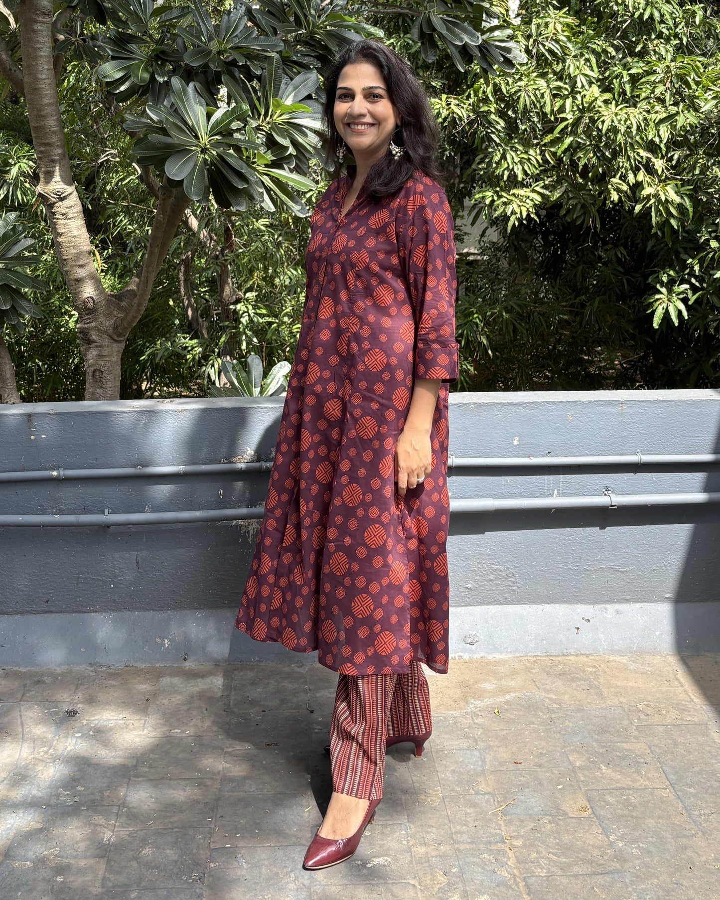 Aksha Maroon Rudraksham Print Kurta with Striped Pants 100% Fine Cotton Co-ord Set Newnaa
