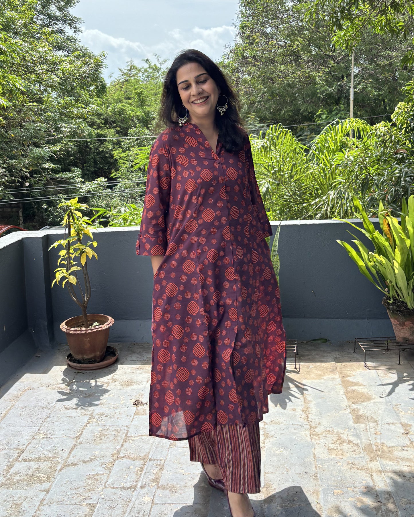 Aksha Maroon Rudraksham Print Kurta with Striped Pants 100% Fine Cotton Co-ord Set Newnaa