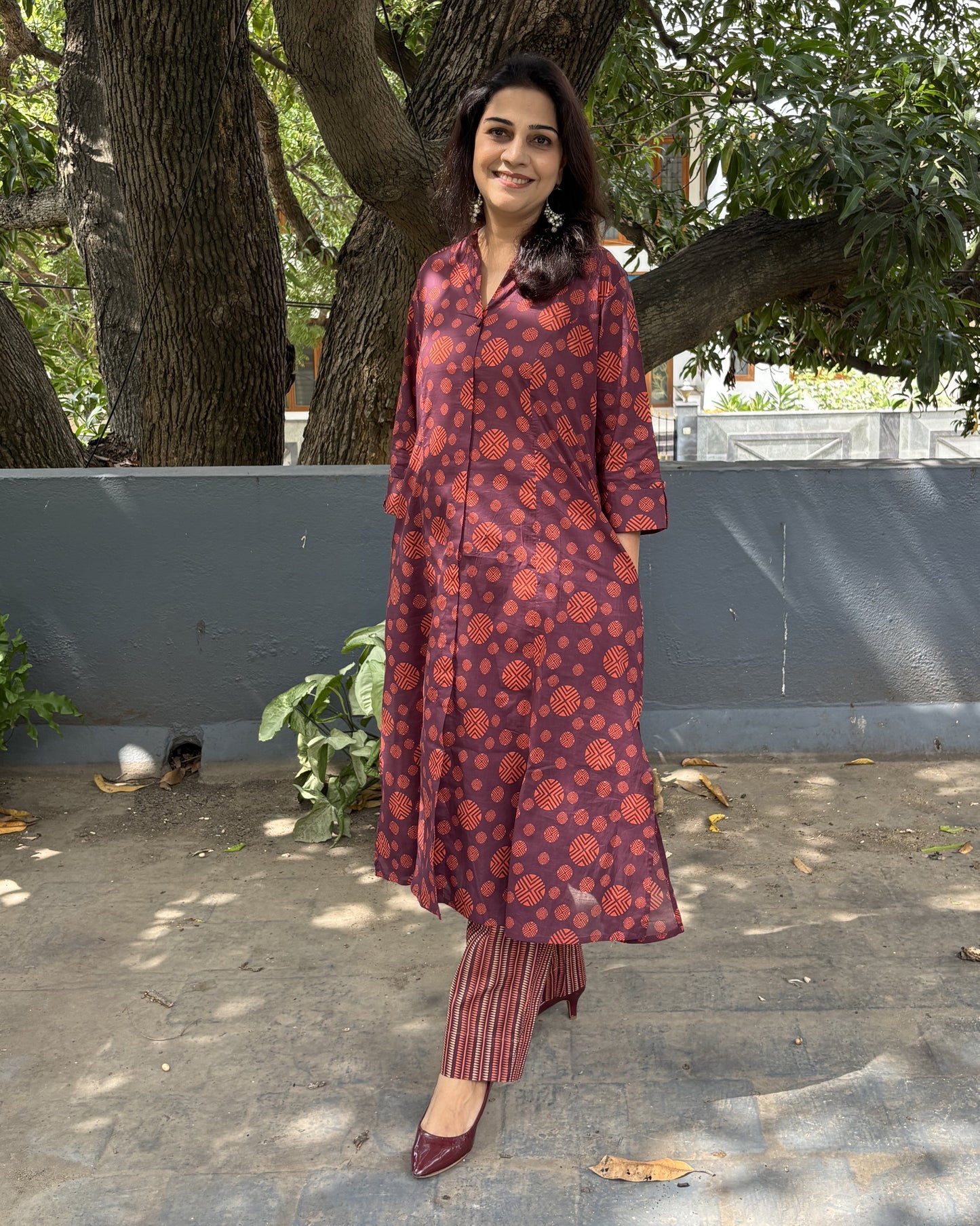 Aksha Maroon Rudraksham Print Kurta with Striped Pants 100% Fine Cotton Co-ord Set Newnaa