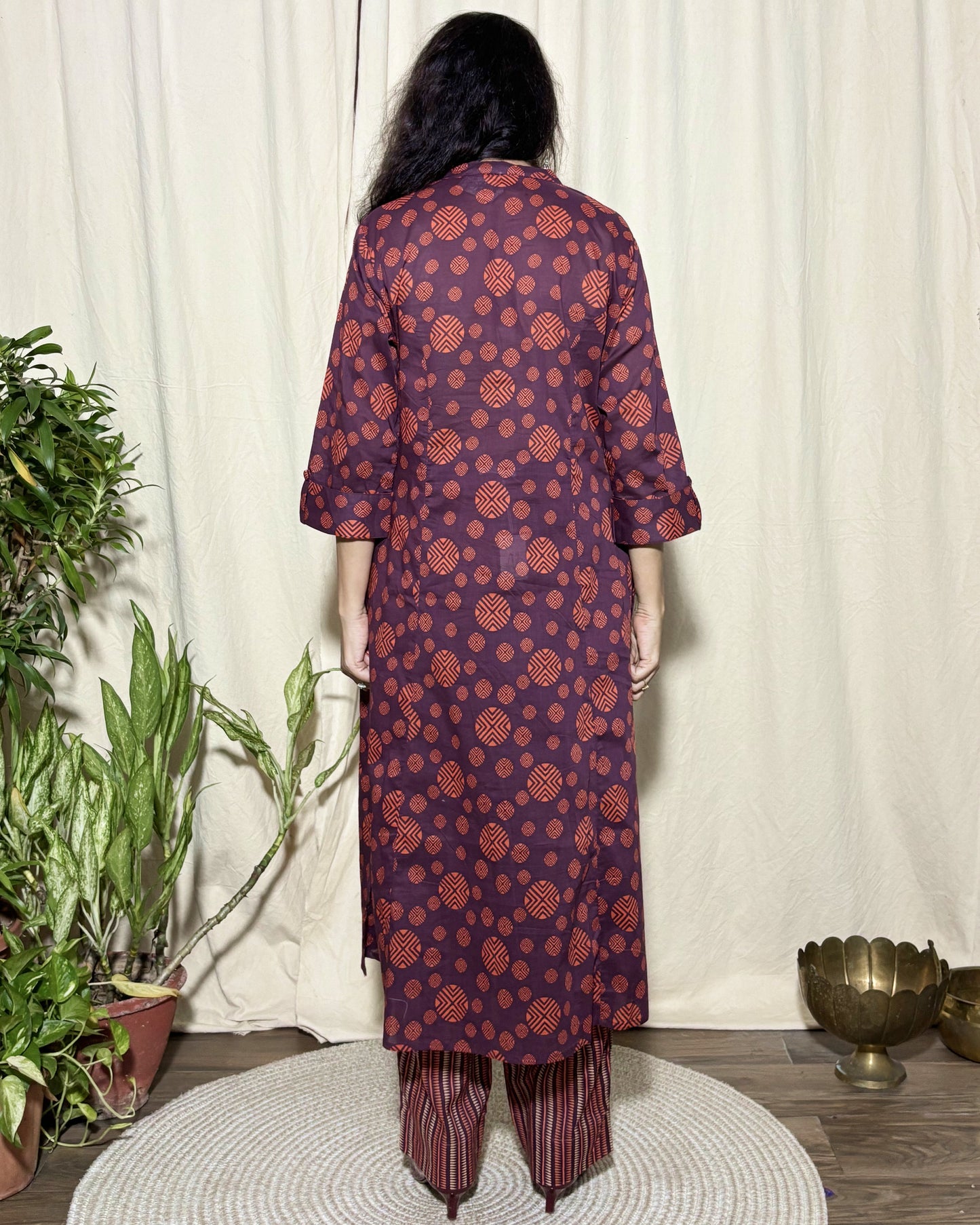 Aksha Maroon Rudraksham Print Kurta with Striped Pants 100% Fine Cotton Co-ord Set Newnaa