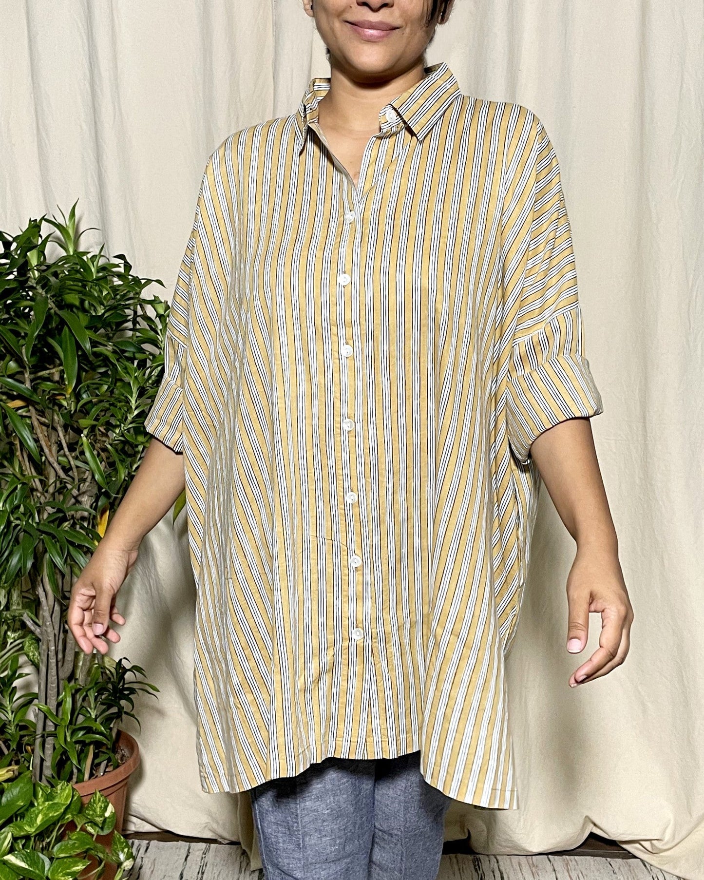 Amiti oversized Mustard Stripe shirt Newnaa