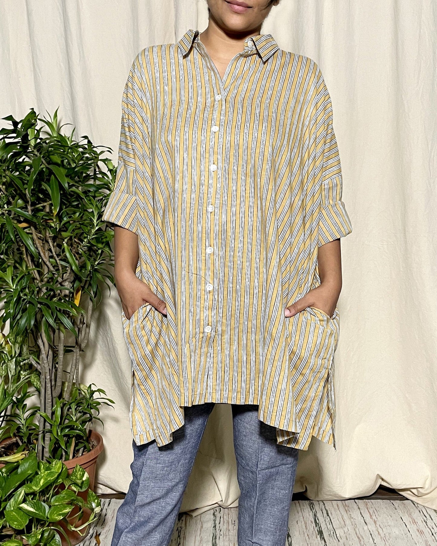 Amiti oversized Mustard Stripe shirt Newnaa