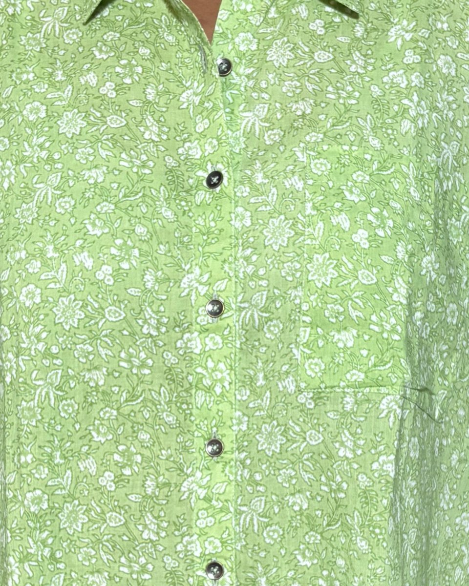 Alaya Cotton Drop Shoulder Shirt Green Floral Print Long Sleeves - Newnaa