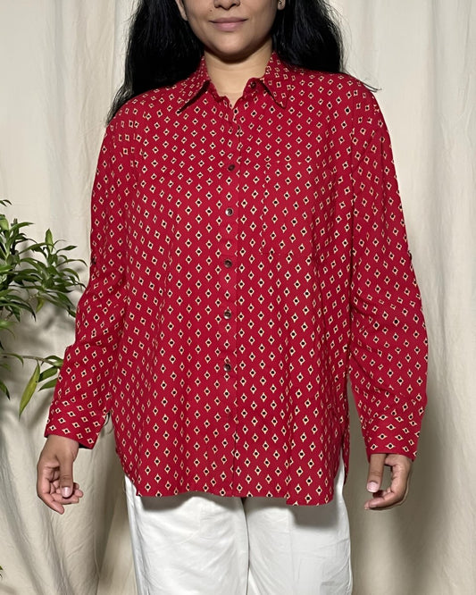 Alaya Cotton Drop Shoulder Shirt – Red Geo Print Long Sleeves - Newnaa