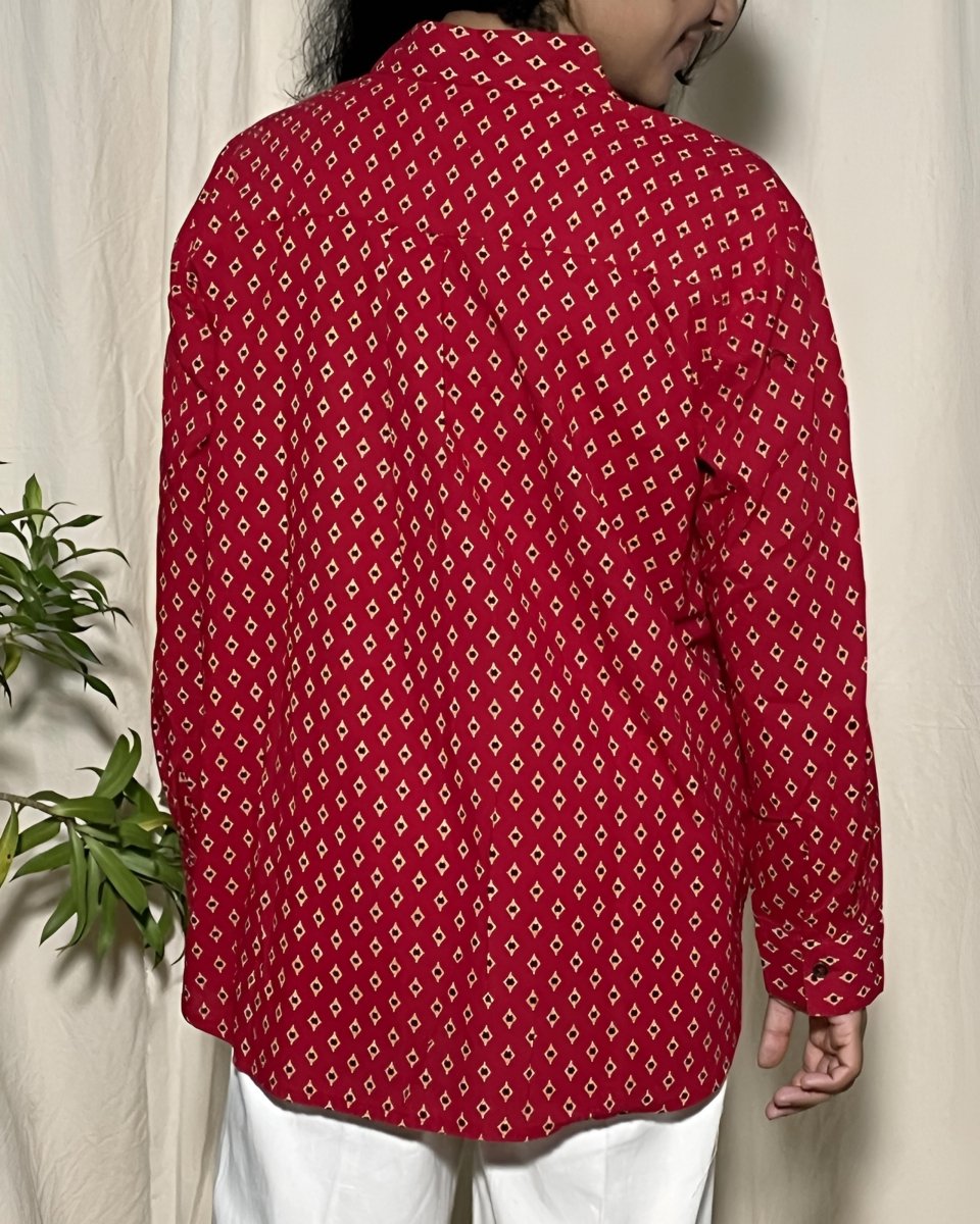 Alaya Cotton Drop Shoulder Shirt – Red Geo Print Long Sleeves - Newnaa