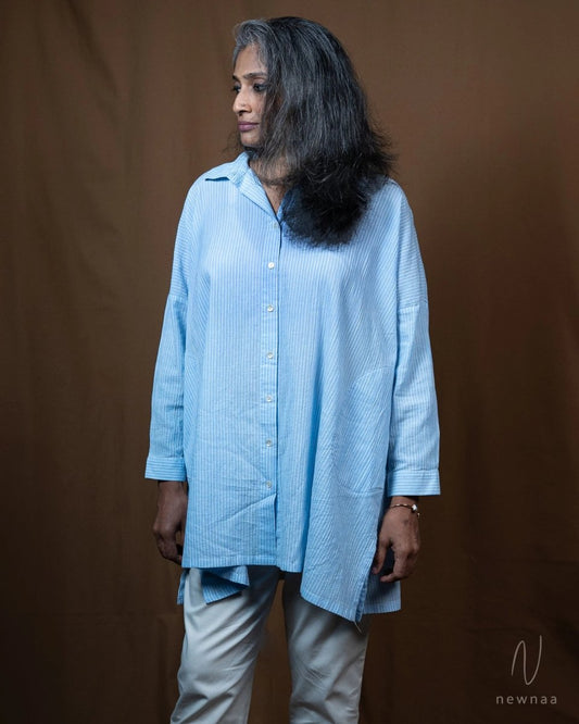 Amiti Cotton Crinkle Blue White Stripe Free size Shirt Long Sleeve - Newnaa