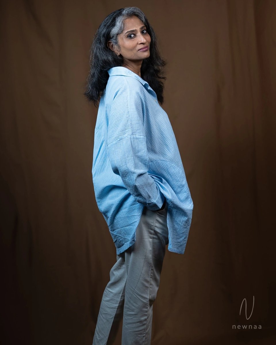 Amiti Cotton Crinkle Blue White Stripe Free size Shirt Long Sleeve - Newnaa