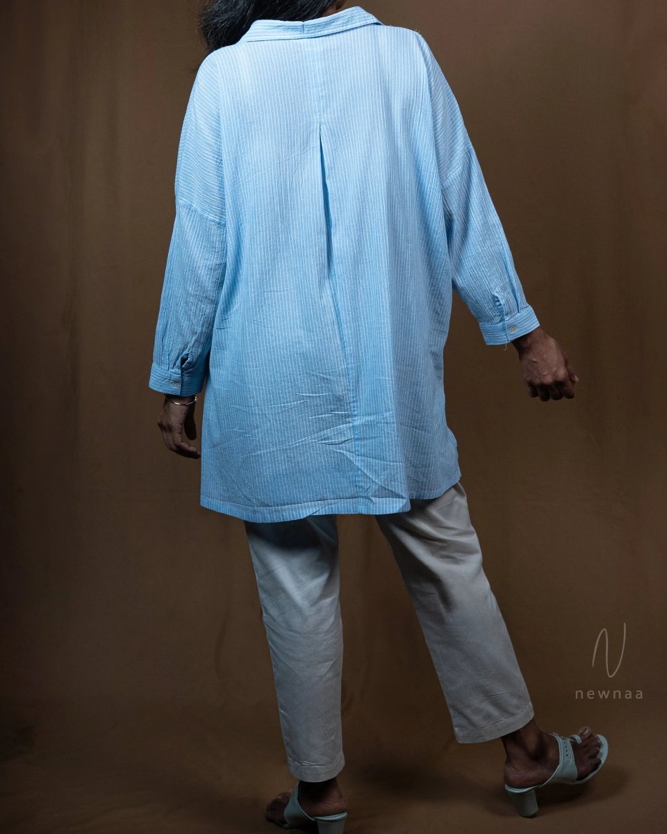 Amiti Cotton Crinkle Blue White Stripe Free size Shirt Long Sleeve - Newnaa