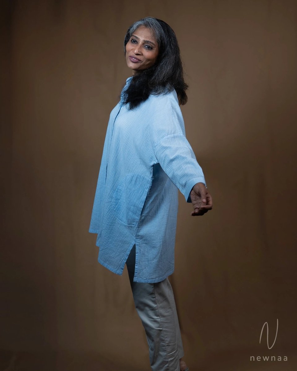 Amiti Cotton Crinkle Blue White Stripe Free size Shirt Long Sleeve - Newnaa