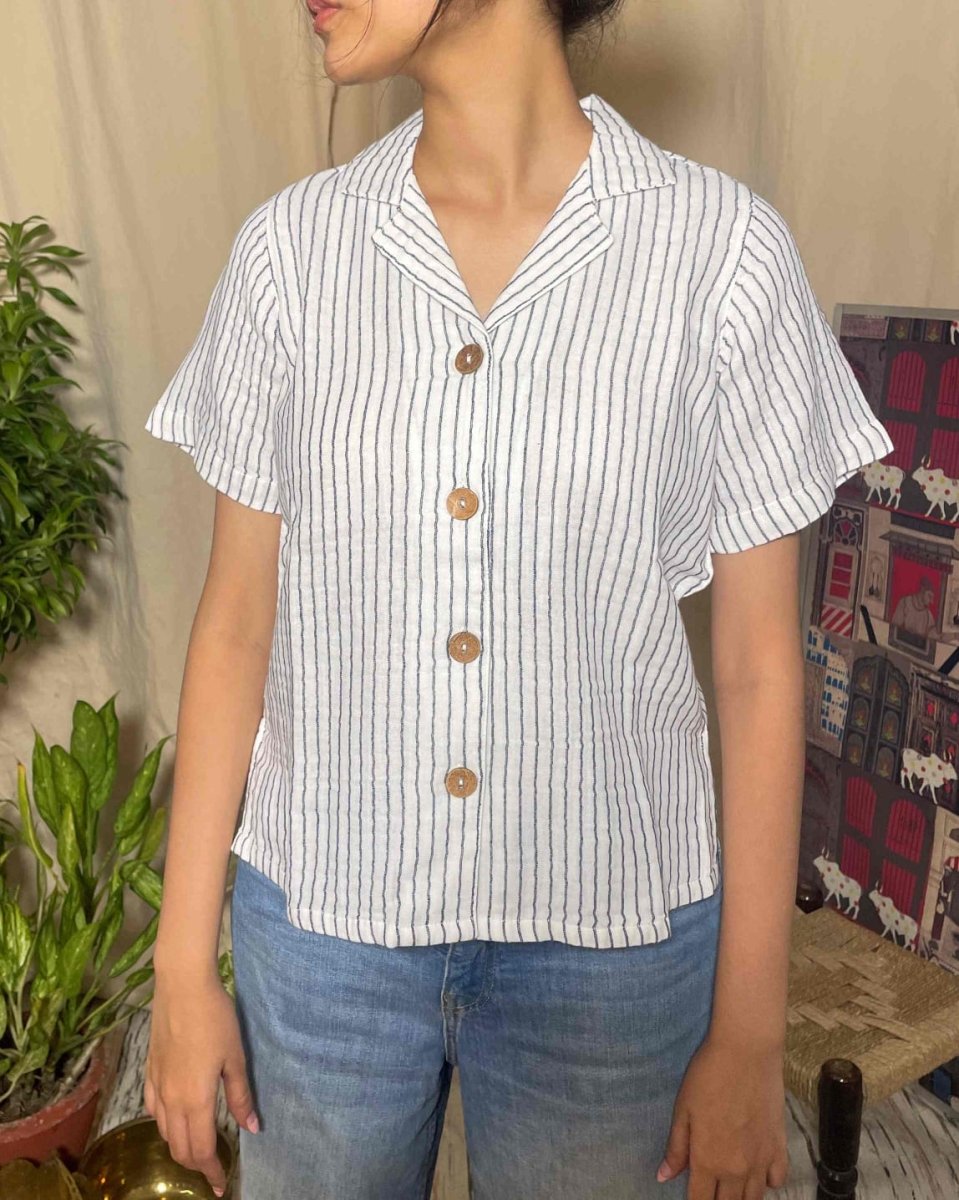 Asma Cotton Black & White stripe Open Collar Shirt Short Sleeve - Newnaa