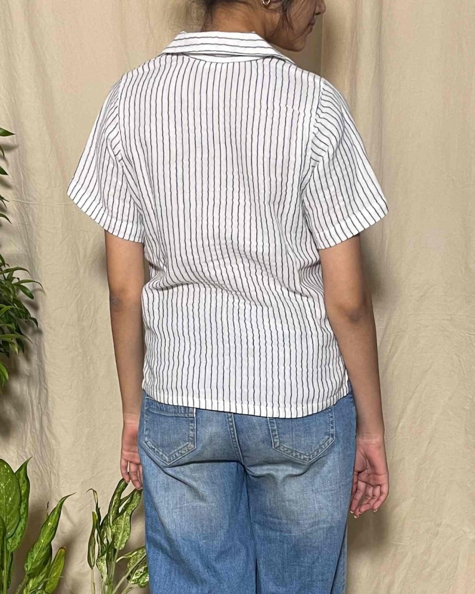 Asma Cotton Black & White stripe Open Collar Shirt Short Sleeve - Newnaa