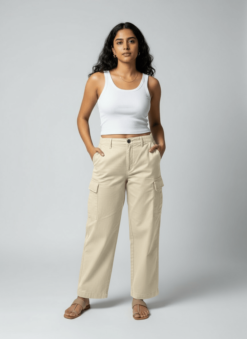 Dishaa Light Beige Twill Cargo Pants – 100% Cotton Utility Trousers - Newnaa