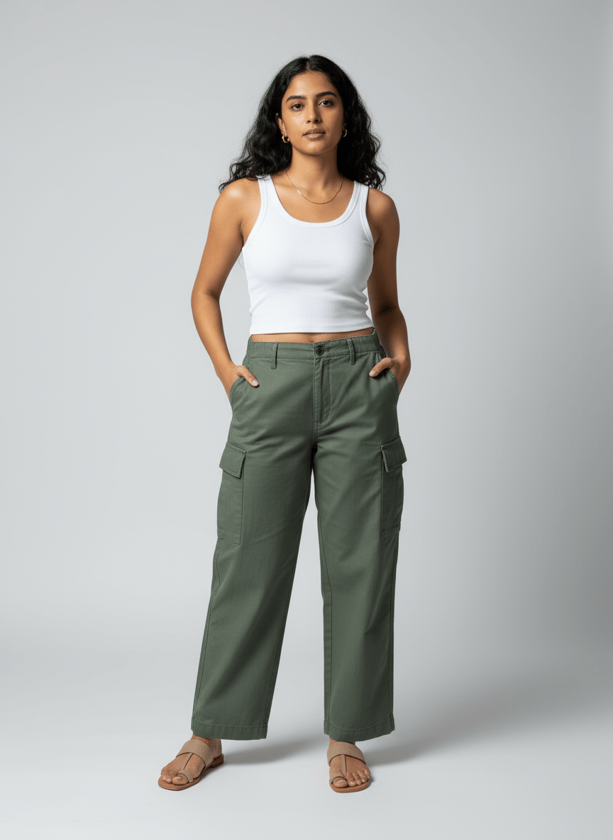 Dishaa Olive Twill Cargo Pants – 100% Cotton Utility Trousers - Newnaa