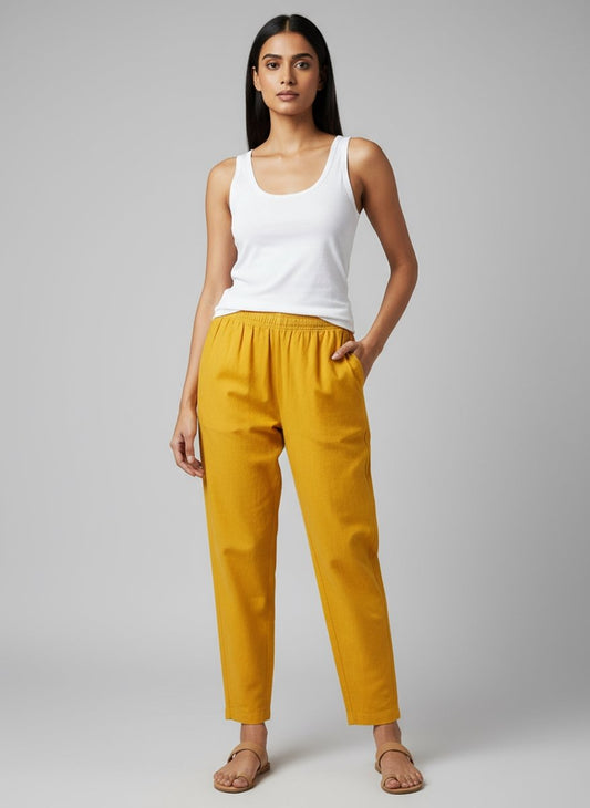 Eka Women’s Cotton - Linen Mustard Yellow Tapered Pants – Comfortable Everyday Wear - Newnaa