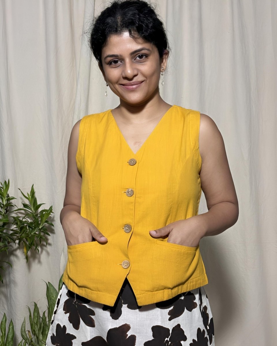Juhi Linen Cotton Ochre Waistcoat Top Sleeveless - Newnaa