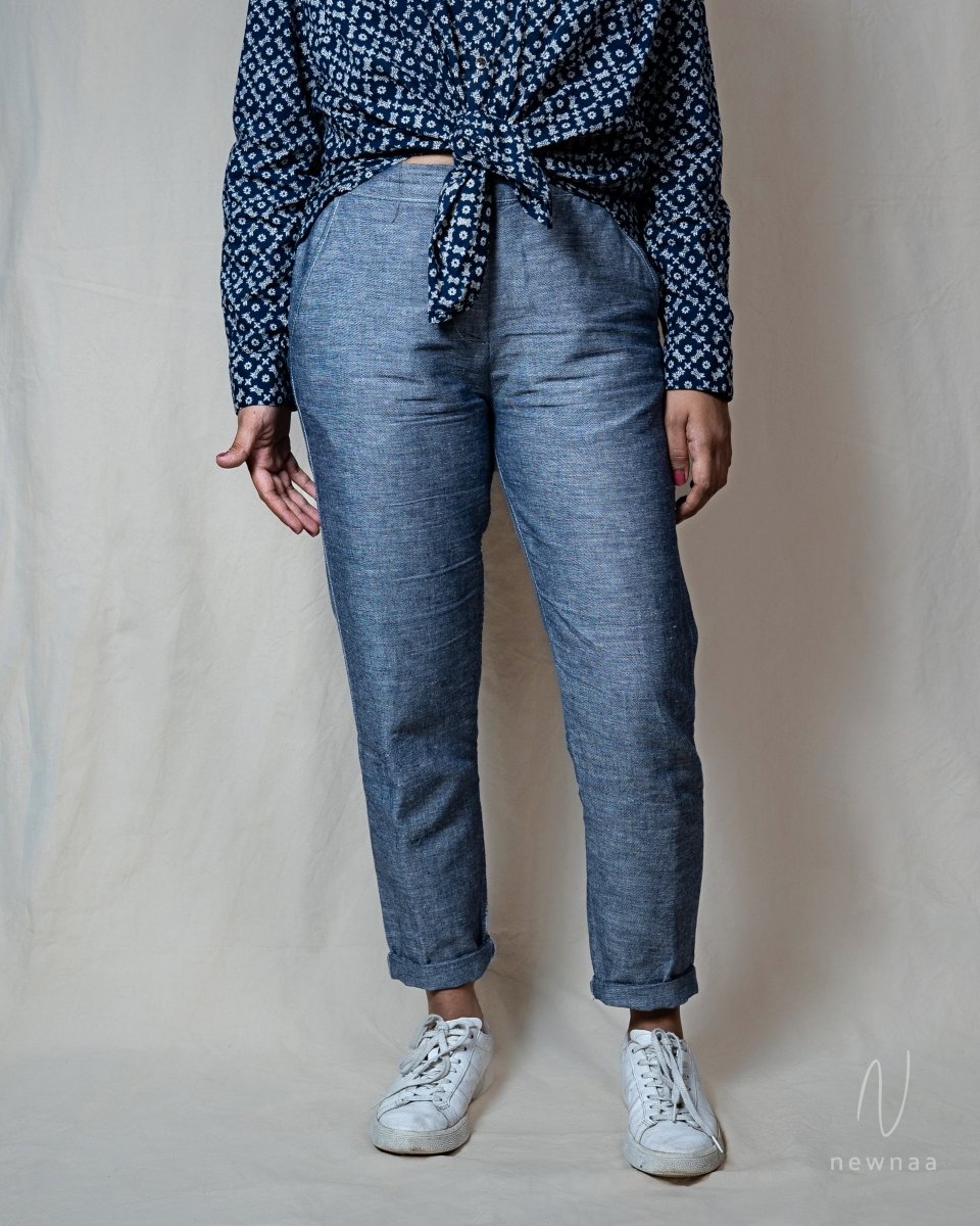 Karya slim fit chambray blue linen pant - Newnaa