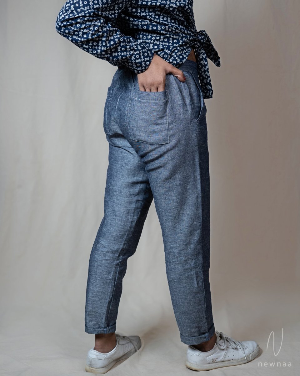 Karya slim fit chambray blue linen pant - Newnaa