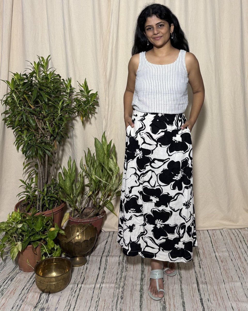 Neerja Linen Blend Black & White Floral Midi Skirt with Elasticated Waist - Newnaa