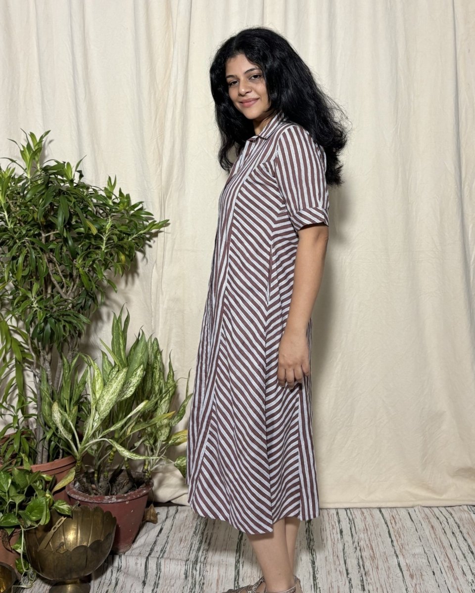 Rekha Cotton Brown Stripe Panel Midi Dress Short Sleeve - Newnaa