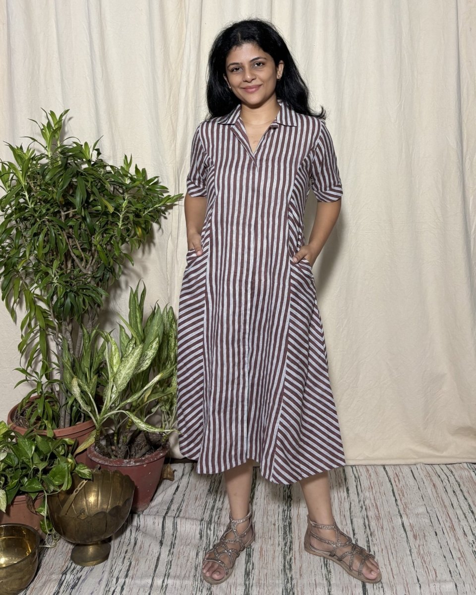 Rekha Cotton Brown Stripe Panel Midi Dress Short Sleeve - Newnaa