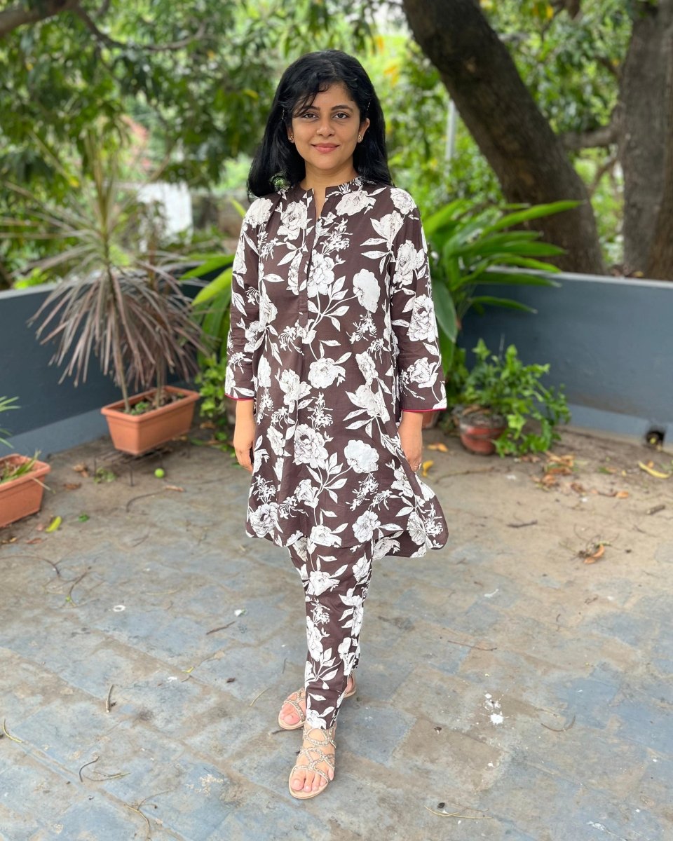 Rudra Cotton Mocha Floral Tunic and Pant Co - Ord Set - Newnaa