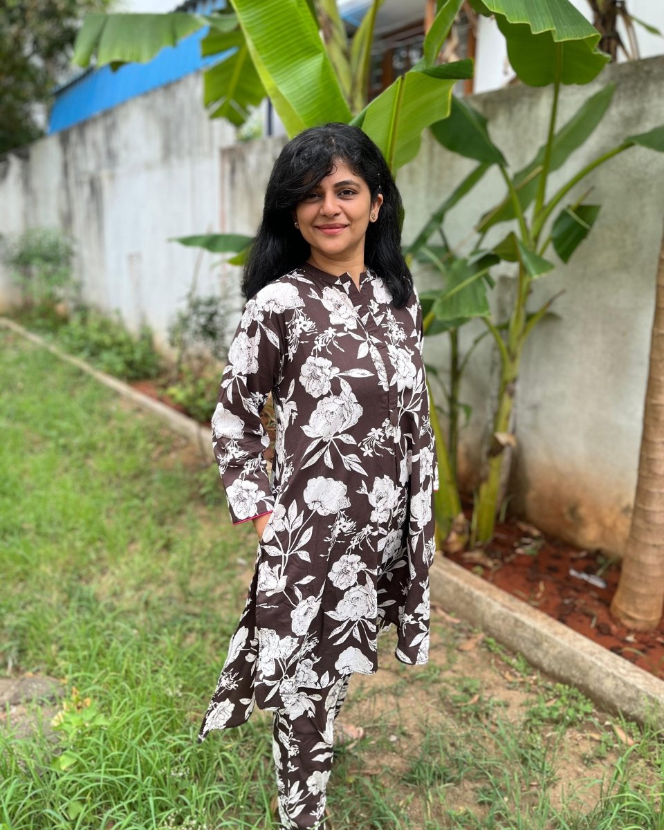 Rudra Cotton Mocha Floral Tunic and Pant Co - Ord Set - Newnaa