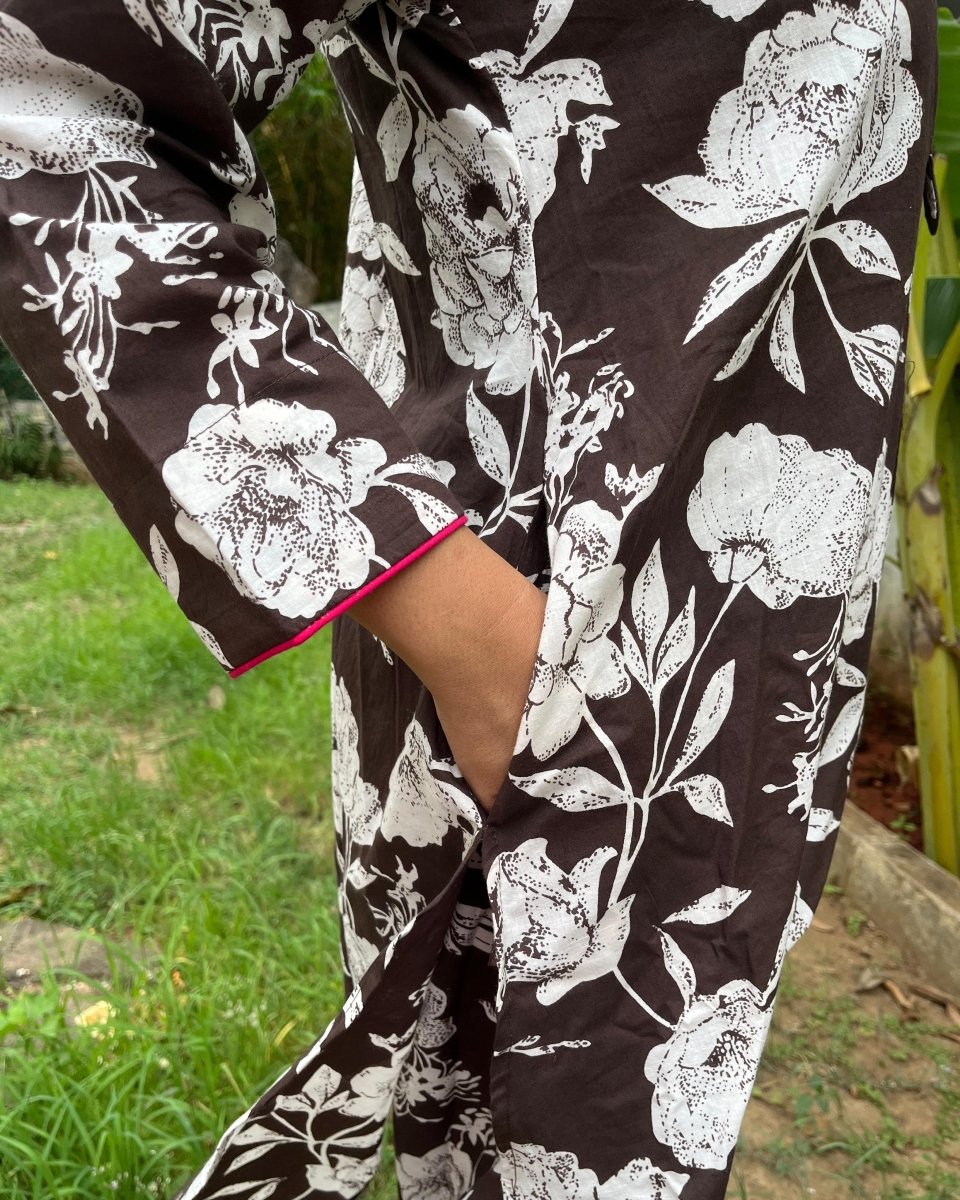 Rudra Cotton Mocha Floral Tunic and Pant Co - Ord Set - Newnaa