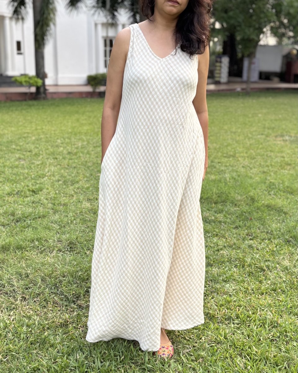 Saachi Soft Cotton Beige Racer Back V Neck Maxi Dress - Newnaa