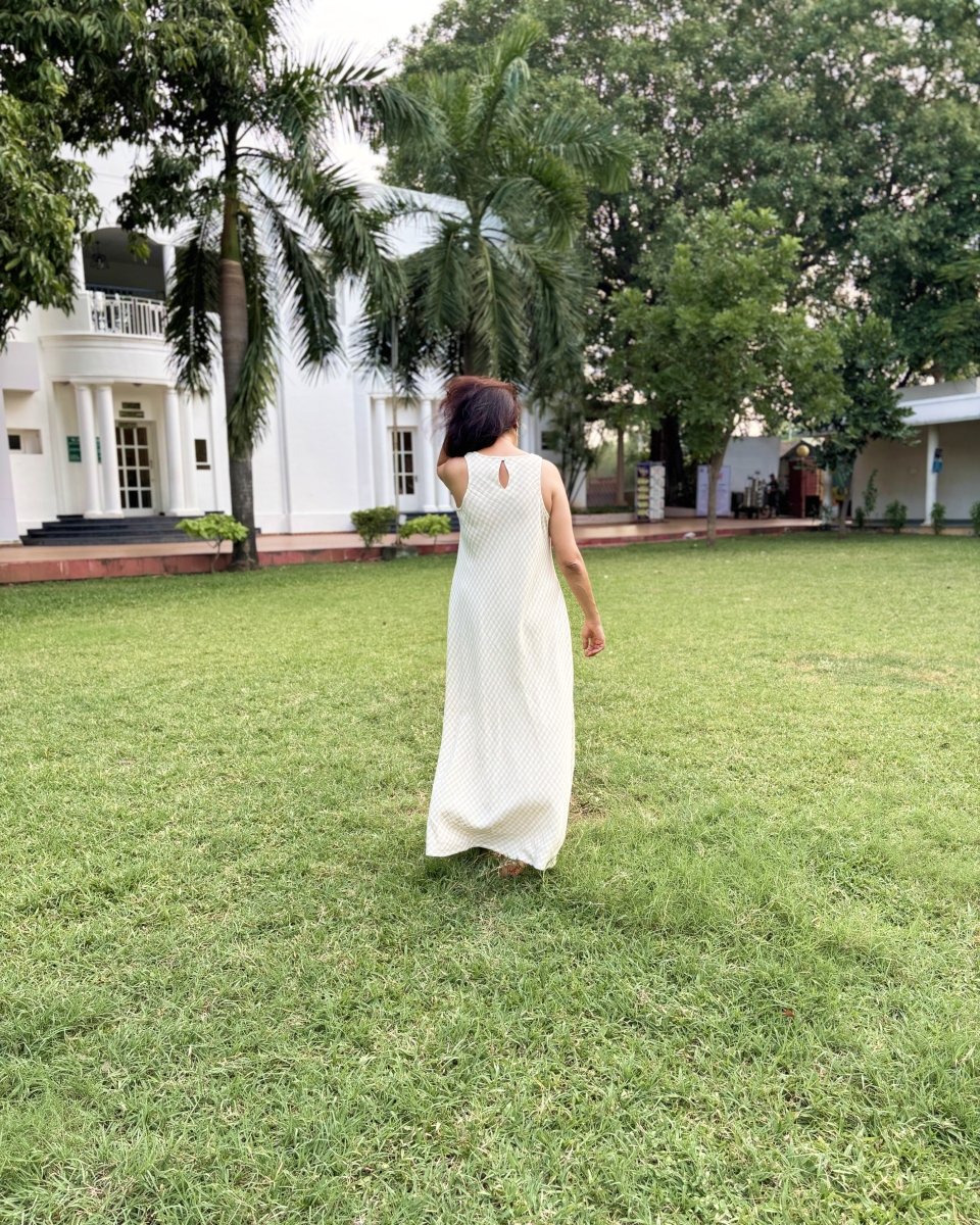 Saachi Soft Cotton Beige Racer Back V Neck Maxi Dress - Newnaa