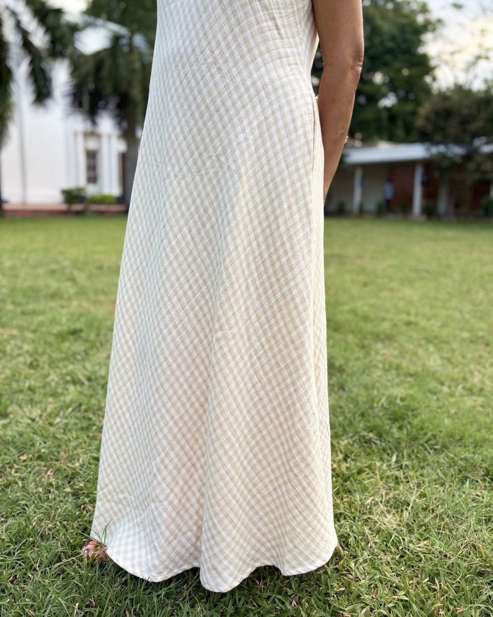 Saachi Soft Cotton Beige Racer Back V Neck Maxi Dress - Newnaa