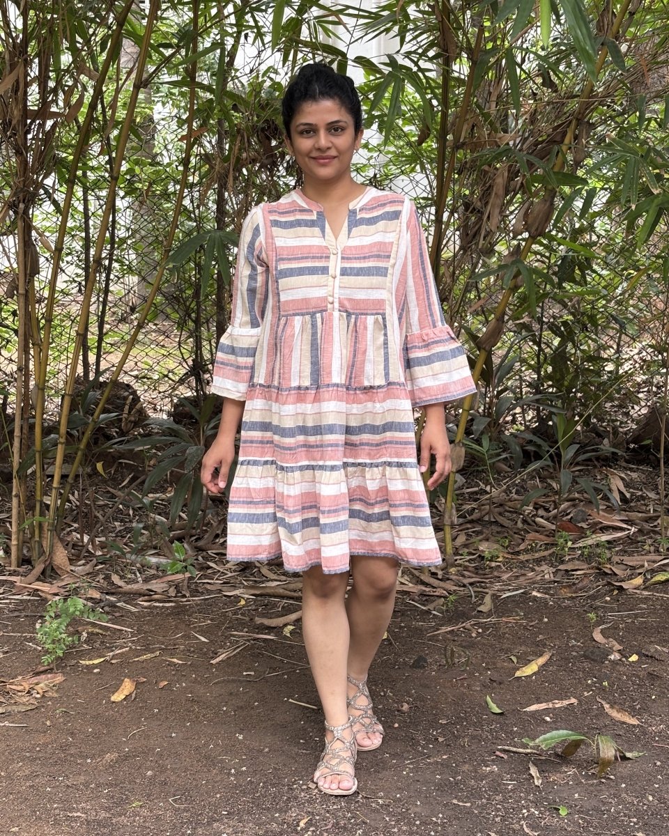 Tripti Cotton - Linen Multi Stripe Midi Dress with Flared Sleeves - Newnaa