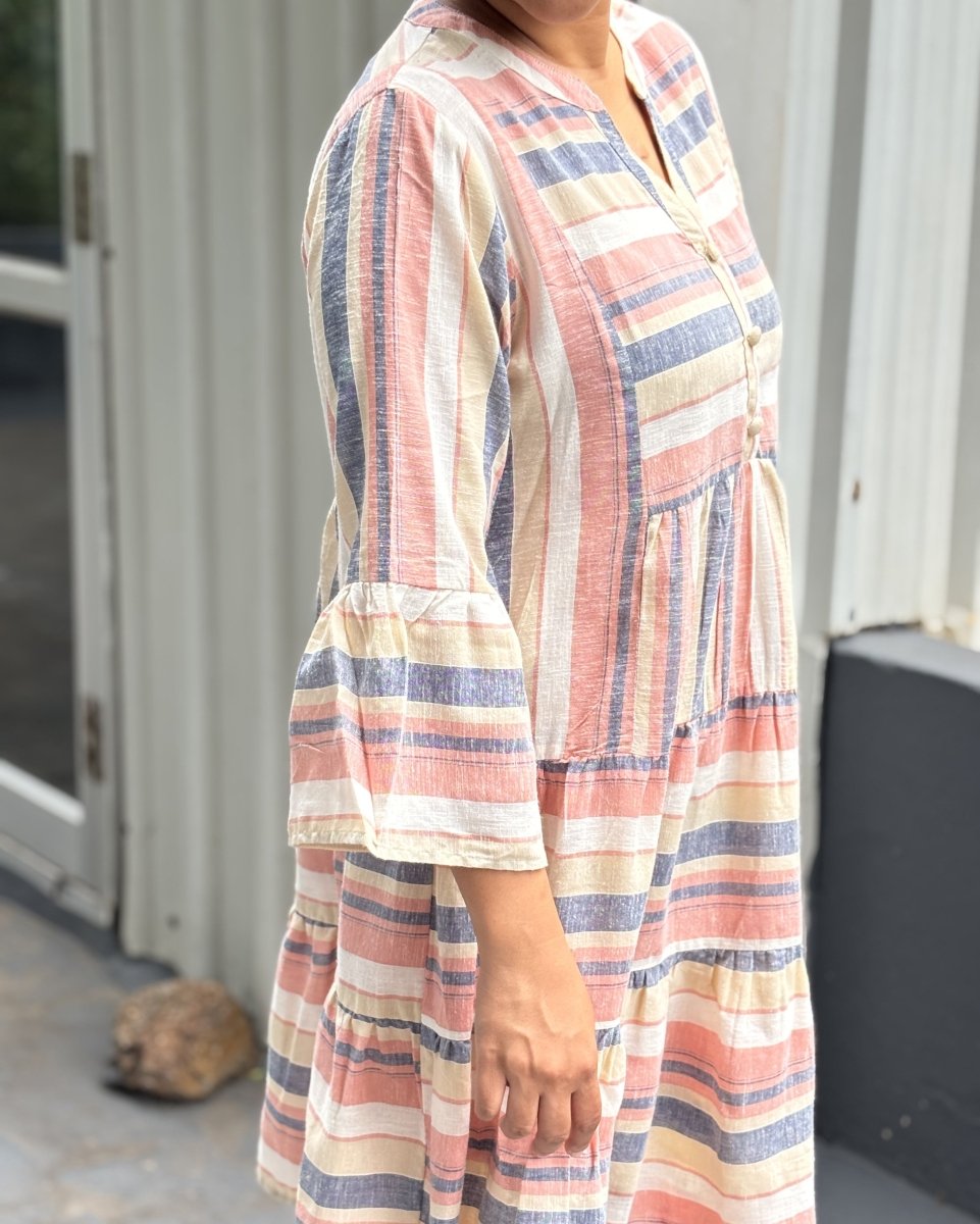 Tripti Cotton - Linen Multi Stripe Midi Dress with Flared Sleeves - Newnaa