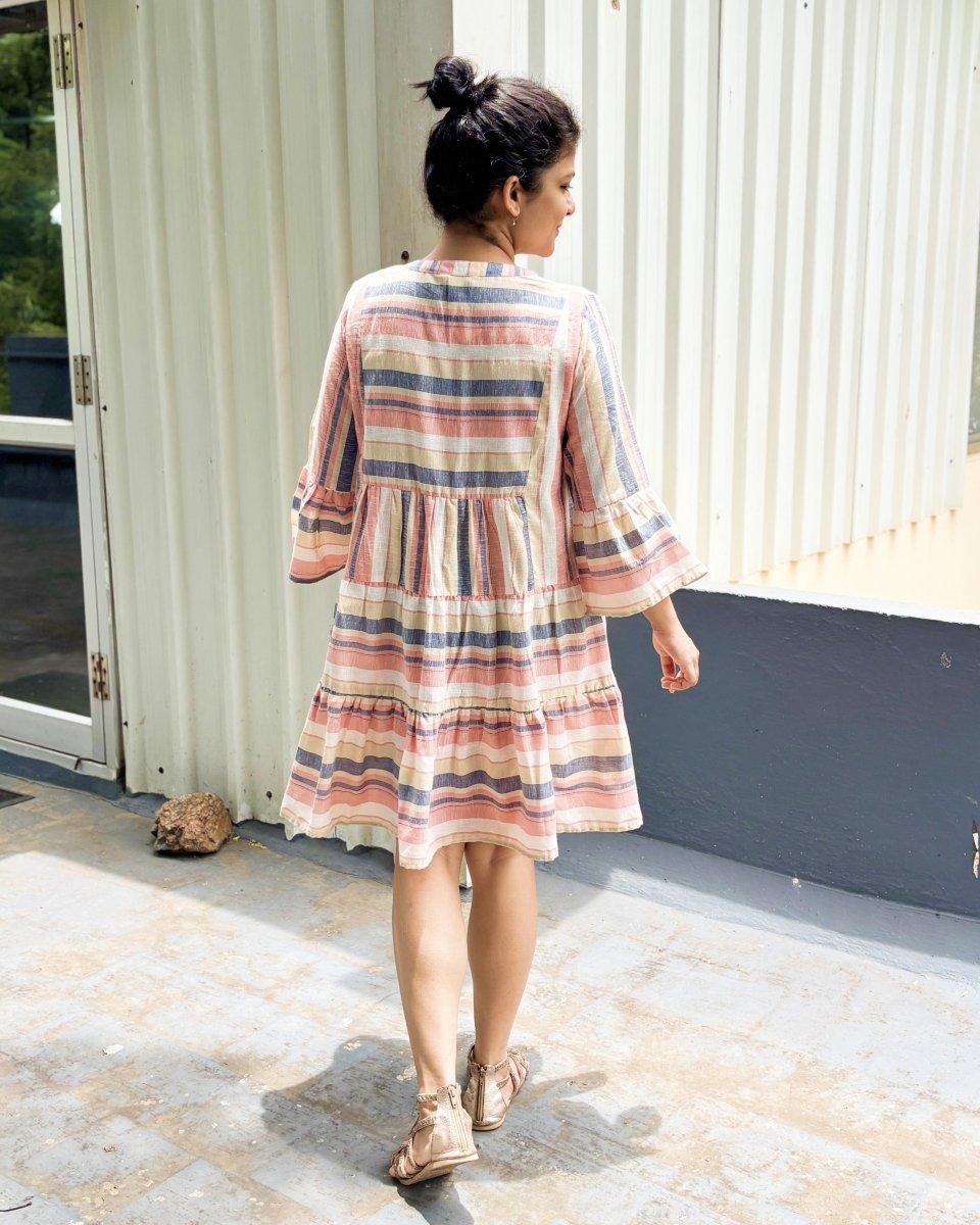 Tripti Cotton - Linen Multi Stripe Midi Dress with Flared Sleeves - Newnaa