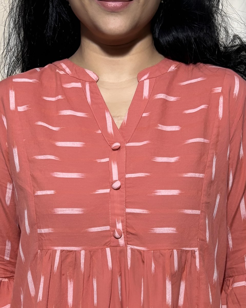 Tripti Cotton Rust Ikat Midi Dress 3/4 Flared Sleeve - Newnaa