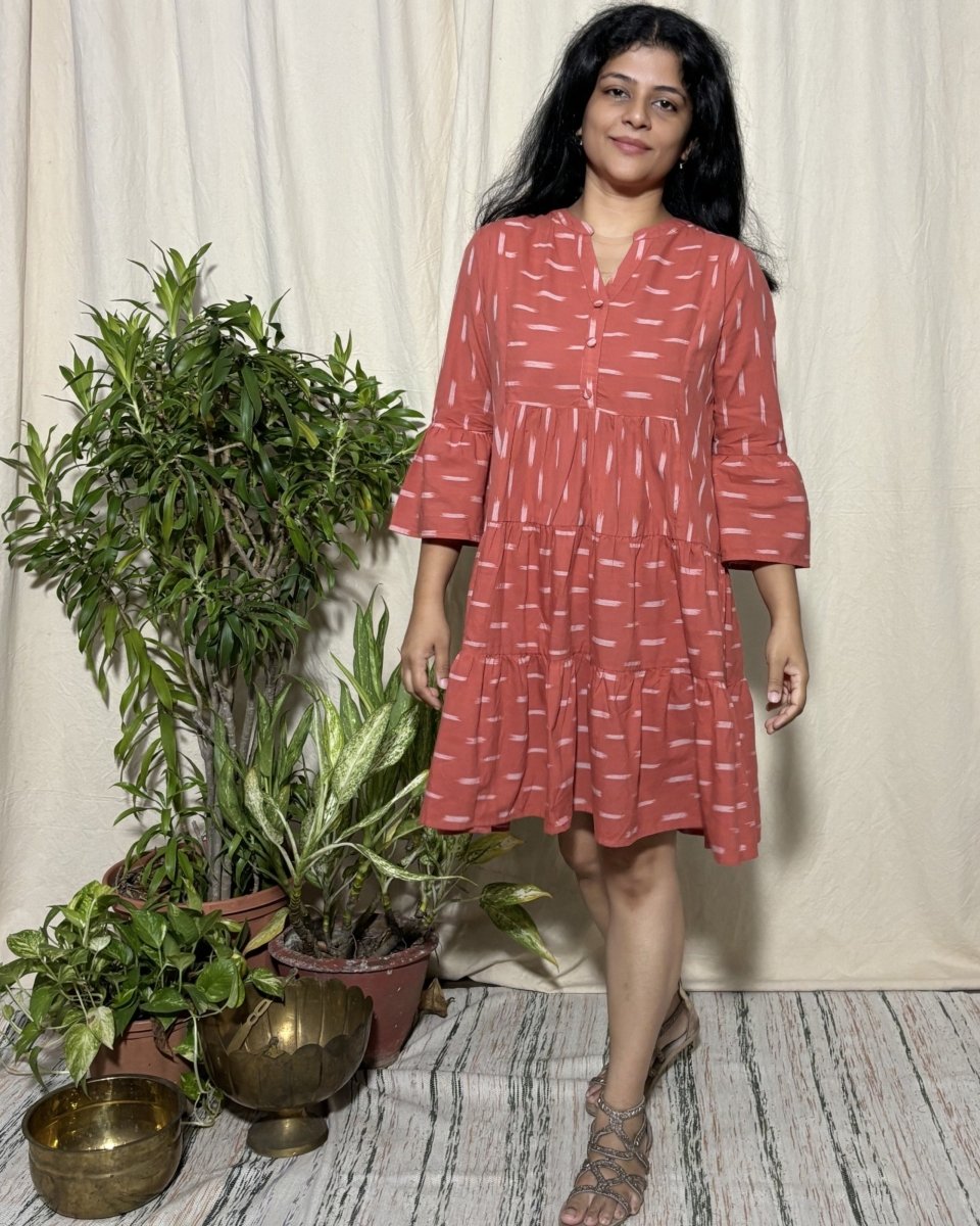 Tripti Cotton Rust Ikat Midi Dress 3/4 Flared Sleeve - Newnaa