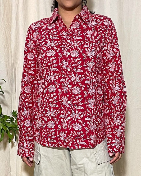 Trisha Slim Fit Cotton Red Floral Shirt Long Sleeve - Newnaa