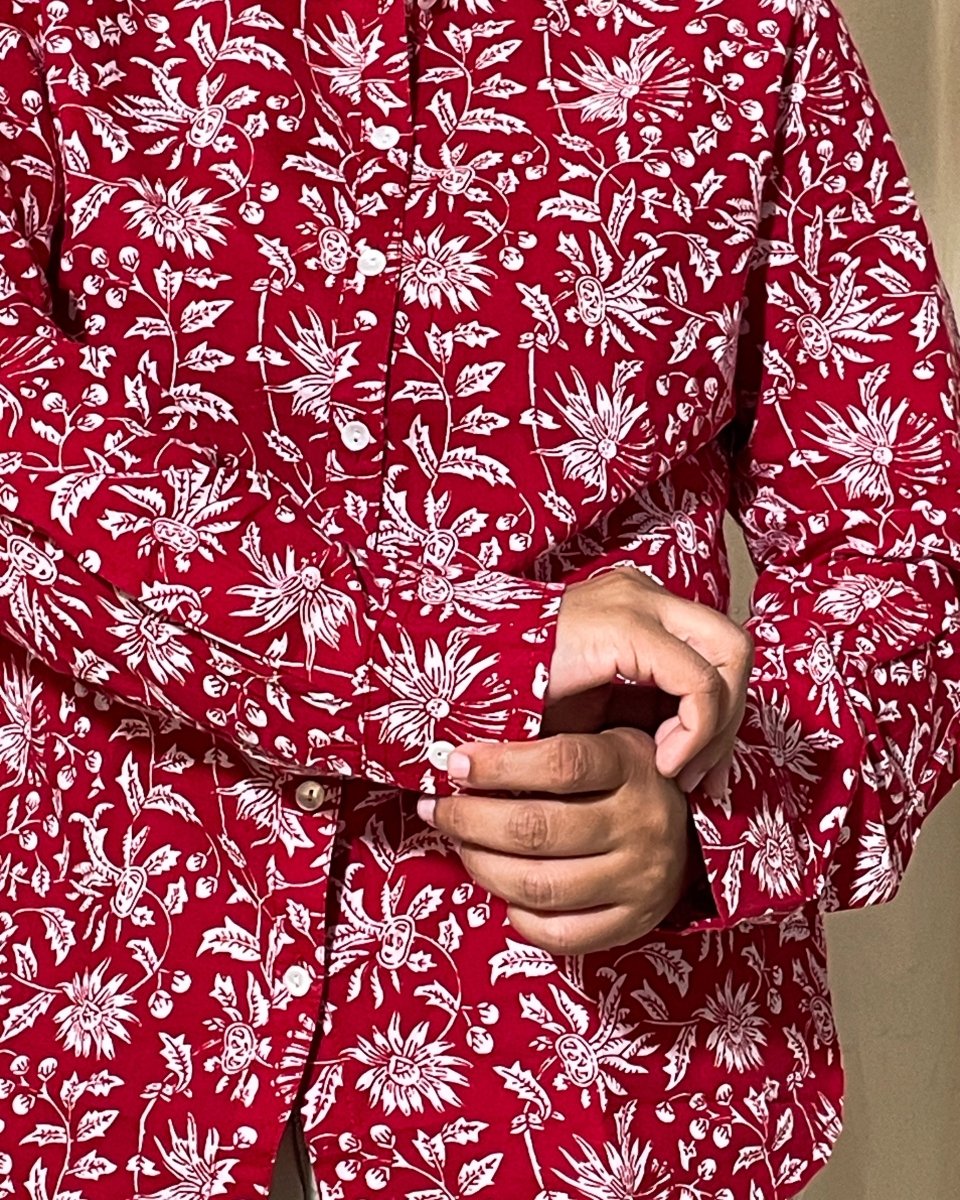 Trisha Slim Fit Cotton Red Floral Shirt Long Sleeve - Newnaa