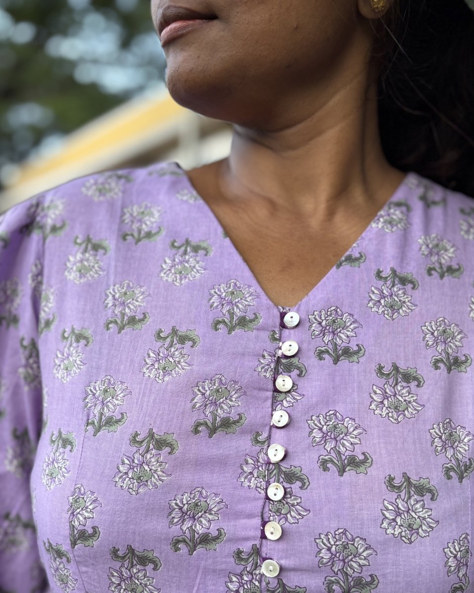 Vayu Cotton Lilac Floral Midi Dress 3/4 Sleeve - Newnaa