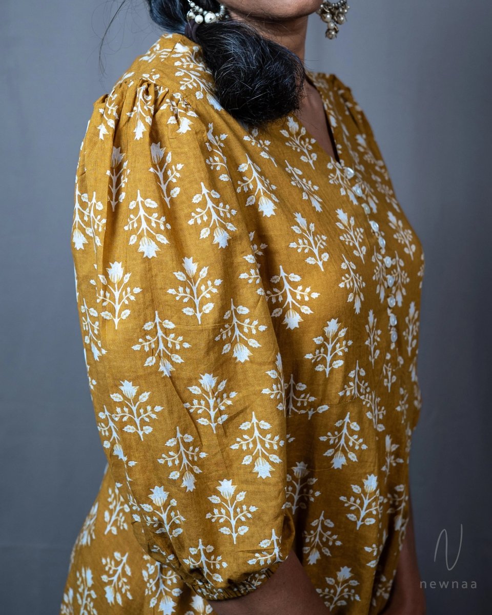 Vayu Cotton Mustard Yellow Floral Midi Dress 3/4 Sleeve - Newnaa