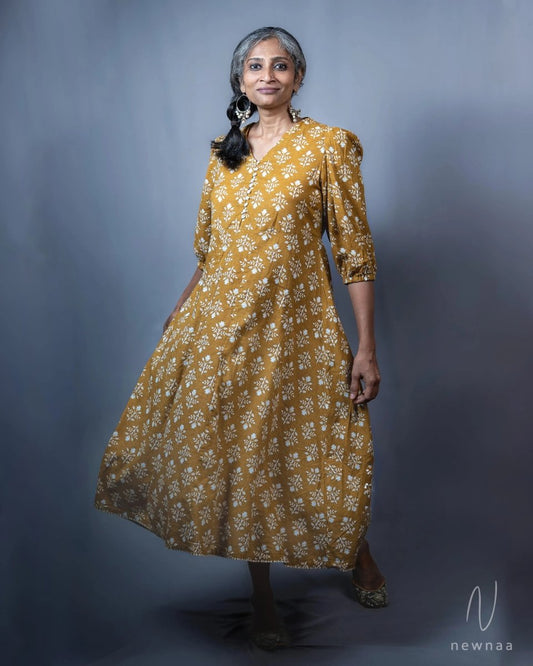 Vayu Cotton Mustard Yellow Floral Midi Dress 3/4 Sleeve - Newnaa