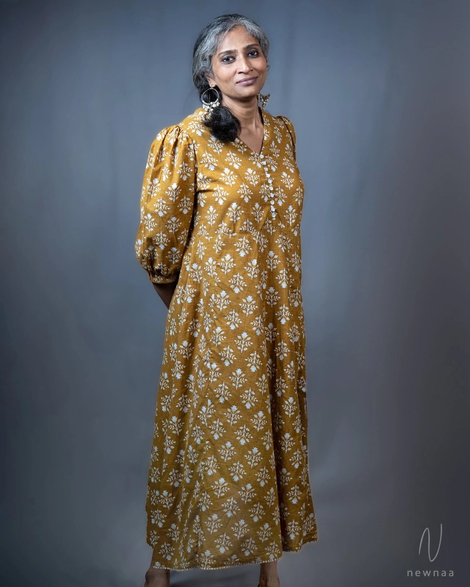 Vayu Cotton Mustard Yellow Floral Midi Dress 3/4 Sleeve - Newnaa