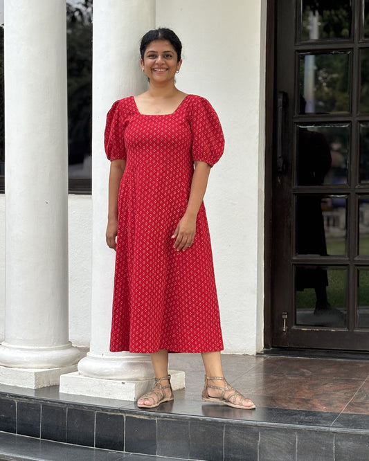 Mina Cotton Red Geo Square Neck Shirred Midi Dress Newnaa