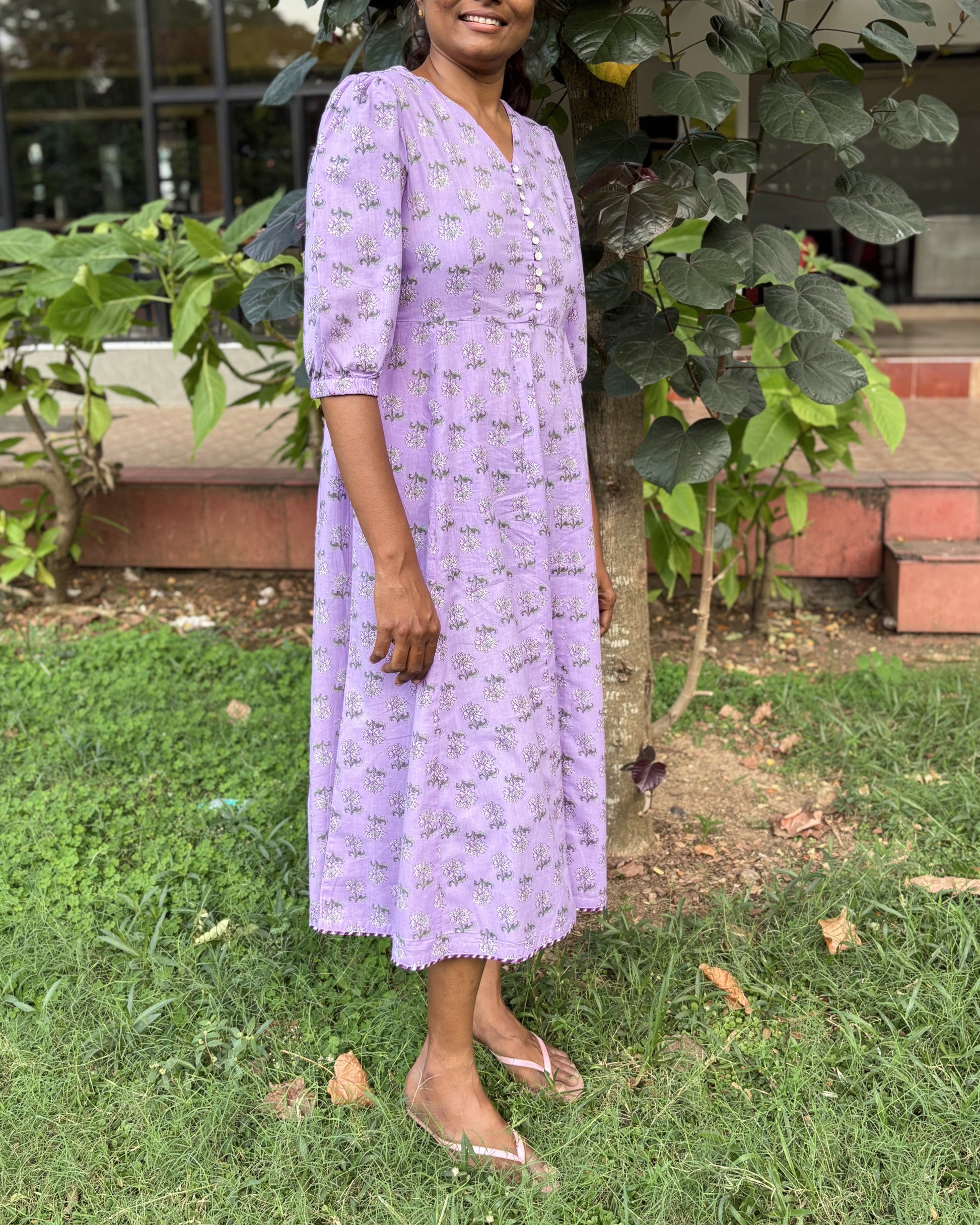 Vayu Cotton Lilac Floral Midi  Dress 3/4 Sleeve Newnaa