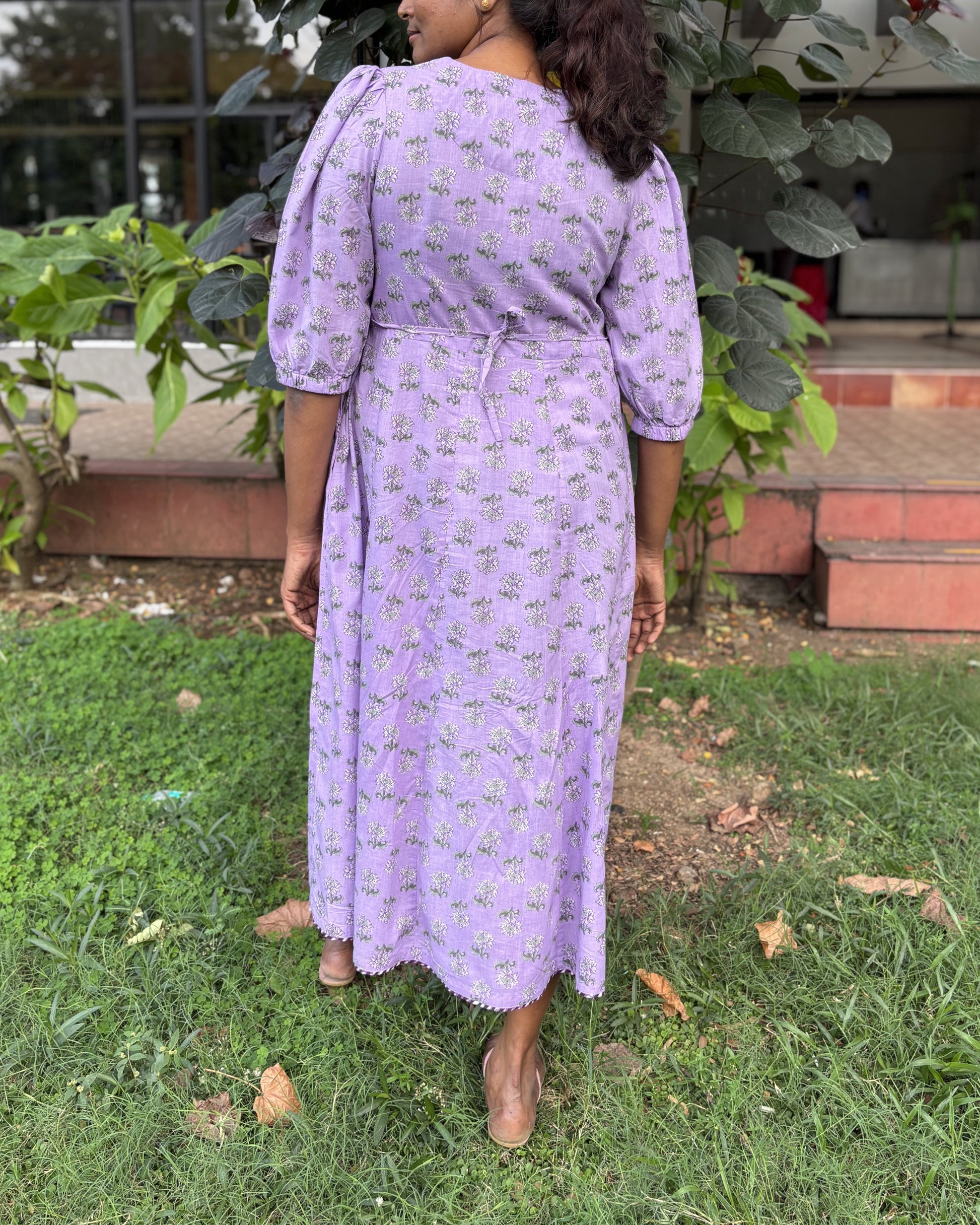 Vayu Cotton Lilac Floral Midi  Dress 3/4 Sleeve Newnaa