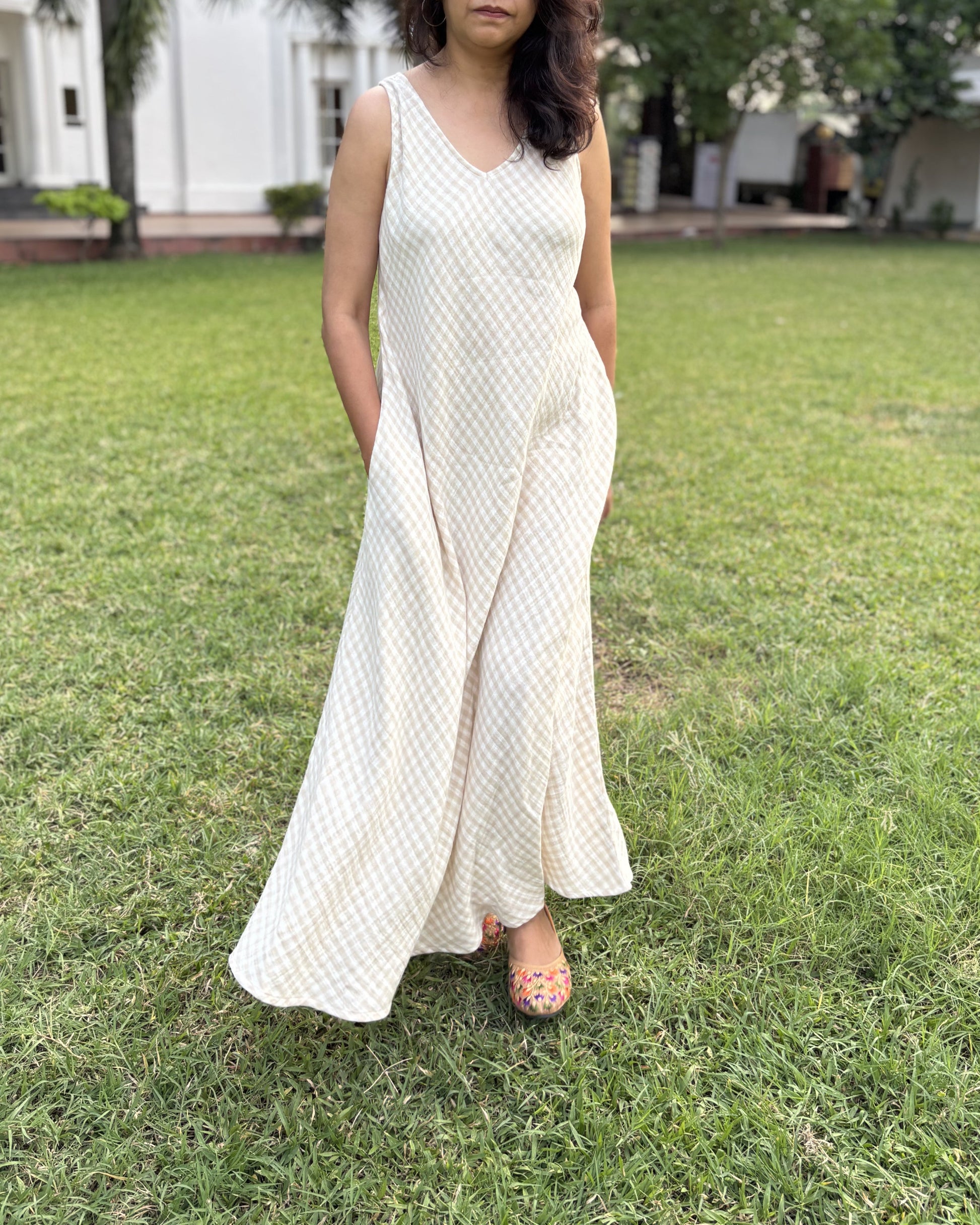 Saachi Soft Cotton Beige V Neck Maxi Dress Newnaa