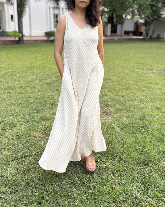 Saachi Soft Cotton Beige V Neck Maxi Dress Newnaa